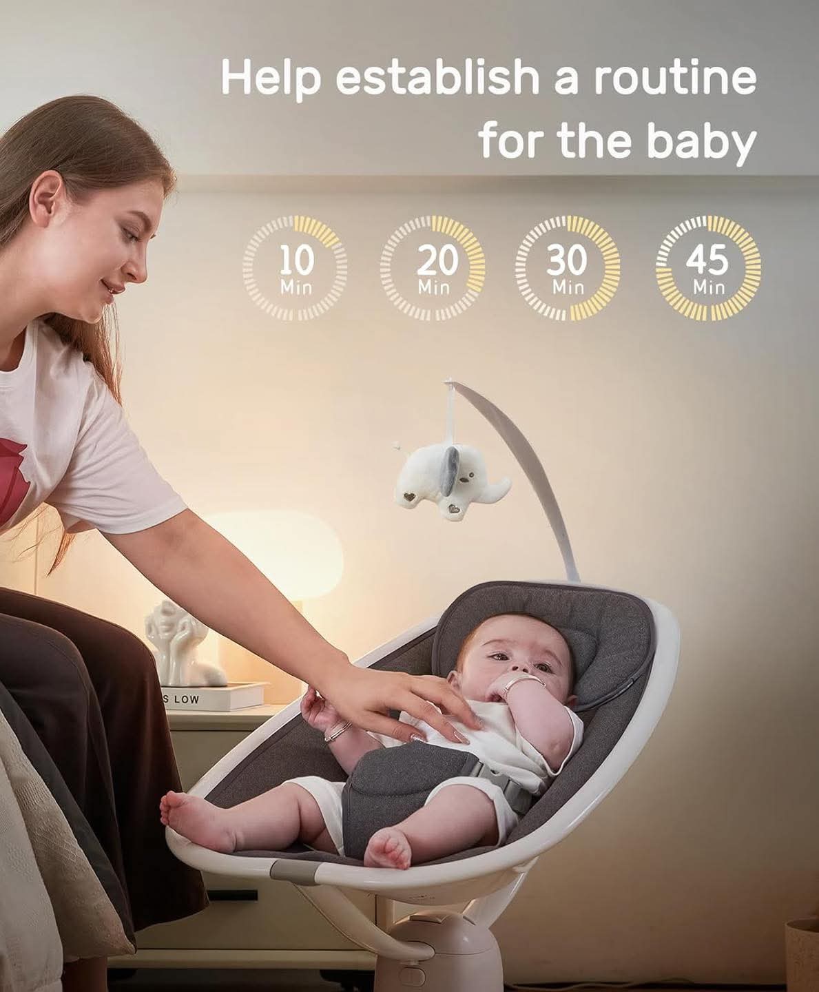 هزازة أطفال كهربائية متعددة الحركات أوتوماتيكية لحديثي الولادة ، 5 حركات، 4 سرعات، مع جهاز تحكم عن بعد، 4 مؤقتات، دوران 90 درجة.